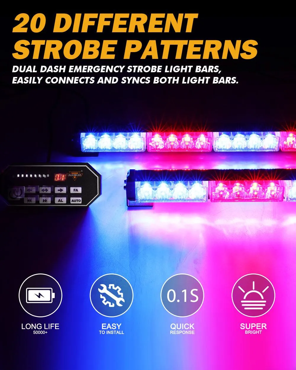 17" Dual LED Directional Emergency Traffic Advisor Light Bars 20 Flashing Patterns with Suction Cup Mount for Vehicles Trucks SUV ATV Car