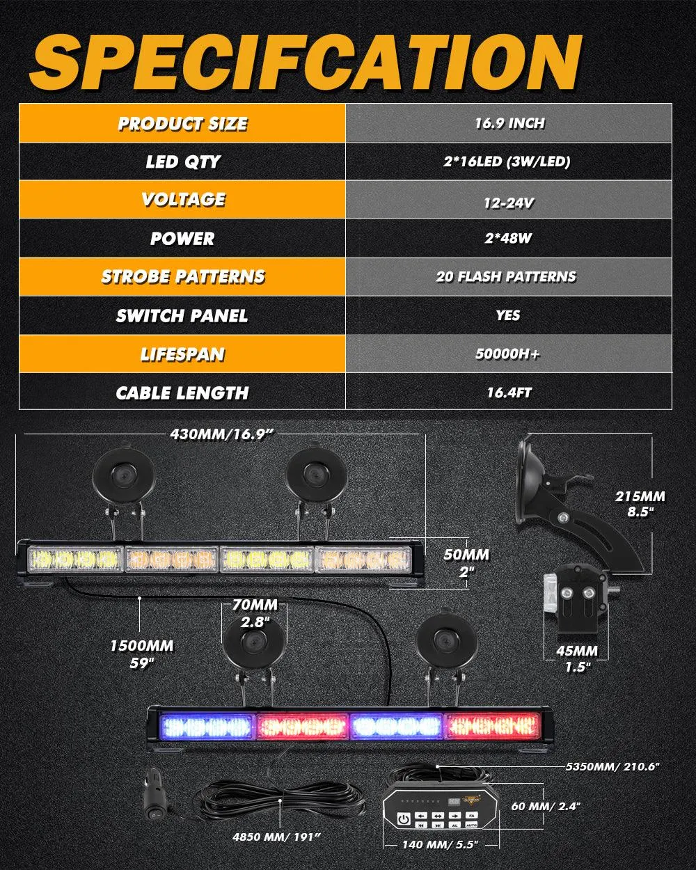 17" Dual LED Directional Emergency Traffic Advisor Light Bars 20 Flashing Patterns with Suction Cup Mount for Vehicles Trucks SUV ATV Car