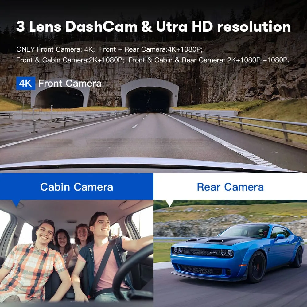 3 Camera 4K Dashcam System with Screen Night Vision GPS & Wi-Fi