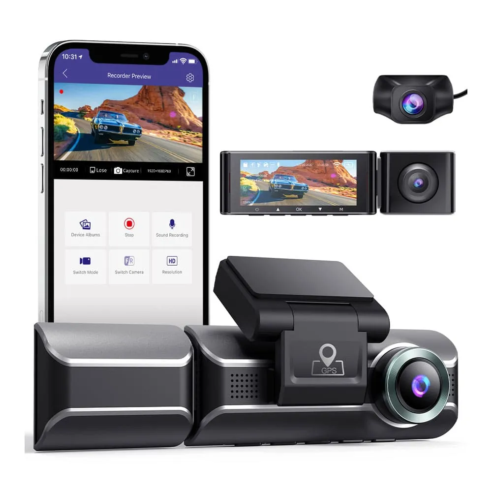 3 Camera 4K Dashcam System with Screen Night Vision GPS & Wi-Fi