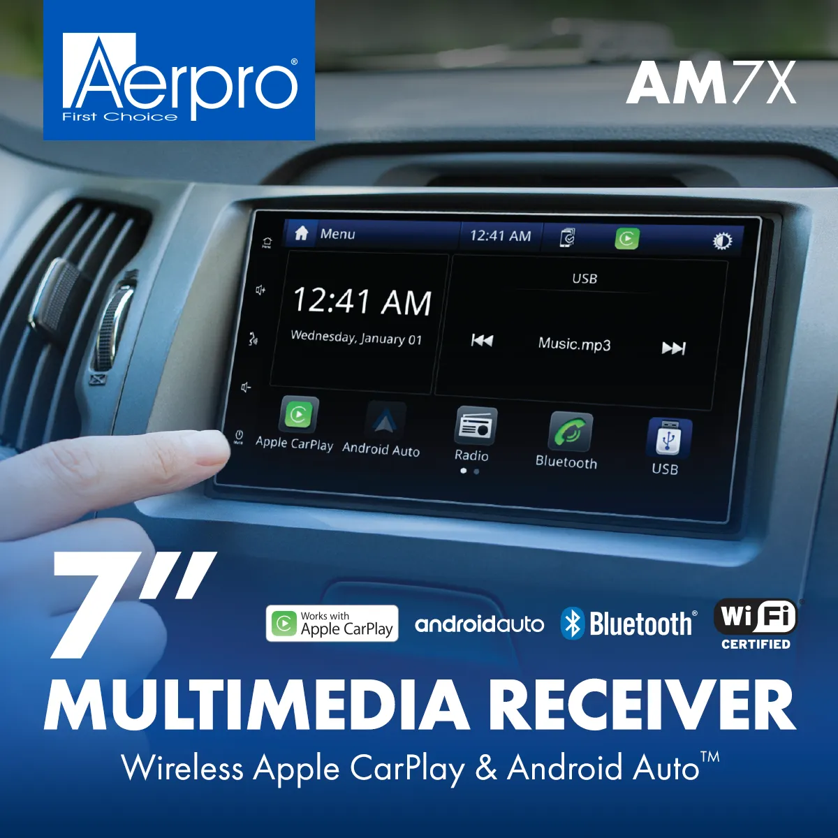 7" Multimedia Receiver with Wireless Apple Carplay & Android Auto AM7X