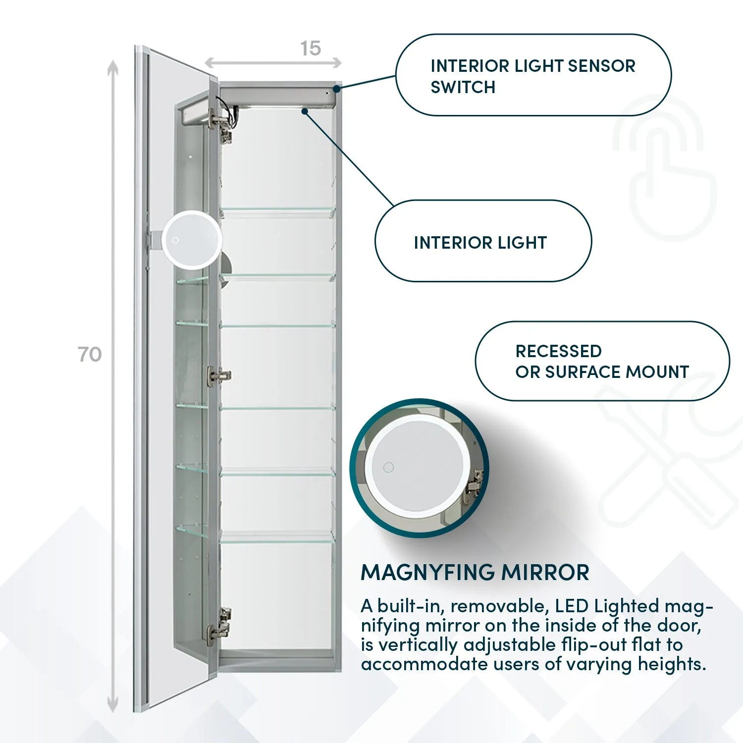 Aquadom Edge Royale 15x70 Right or Left Hinge LED Lighted Medicine Cabinet