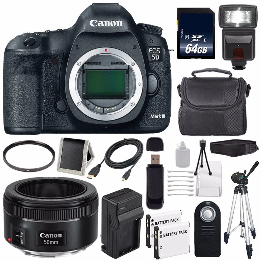 Canon EOD 5D III Digital Camera International Model   Canon EF 50mm f/1.8 STM Lens   LP-E6 Battery   64GB Memory Card Bu