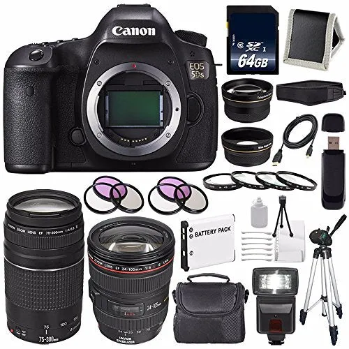 Canon EOS 5DS DSLR Camera (International Model) 0581C002   EF 24-105mm f/4L is USM Lens   EF 75-300 III  LP-E6 Battery   64GB SDXC Card Bundle