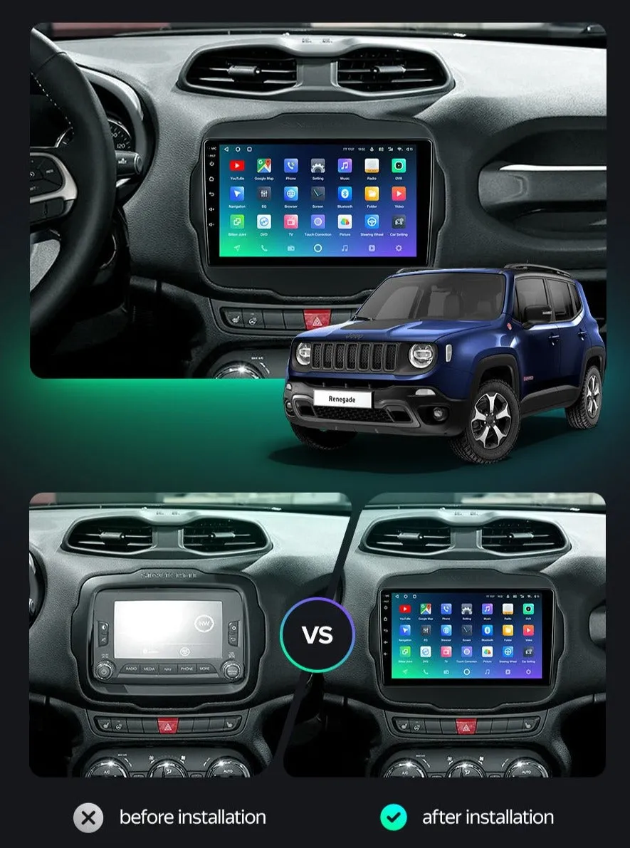 Car Dealz Premium Advanced 4G Data Model 10.2" Android 12.0 For Jeep Renegade 2014 - 2018 In Dash Plus OEM Fascia