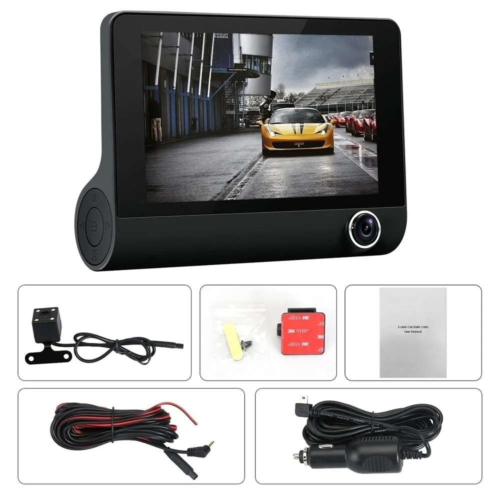 Full HD Front Rear & Interior Three Lens Car Dashboard Camera