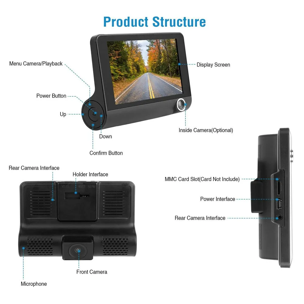 Full HD Front Rear & Interior Three Lens Car Dashboard Camera