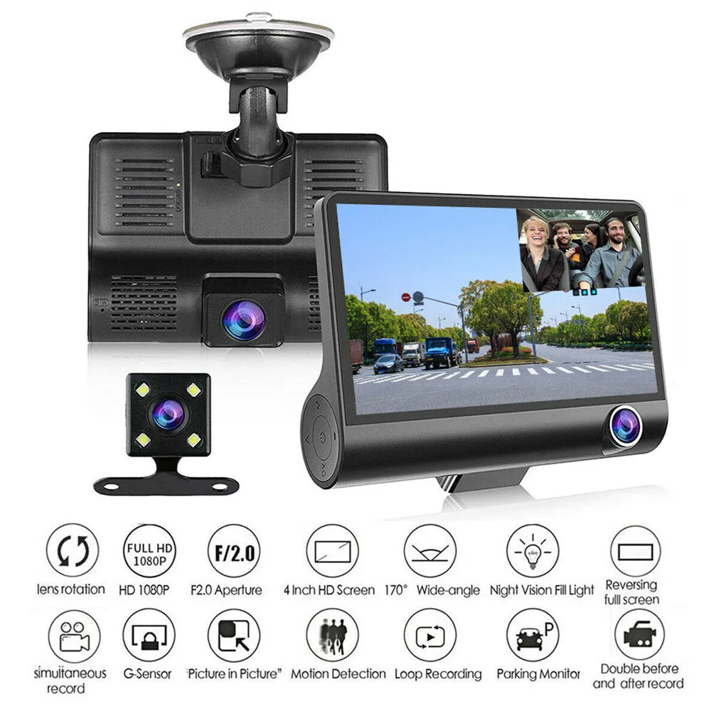 Full HD Front Rear & Interior Three Lens Car Dashboard Camera