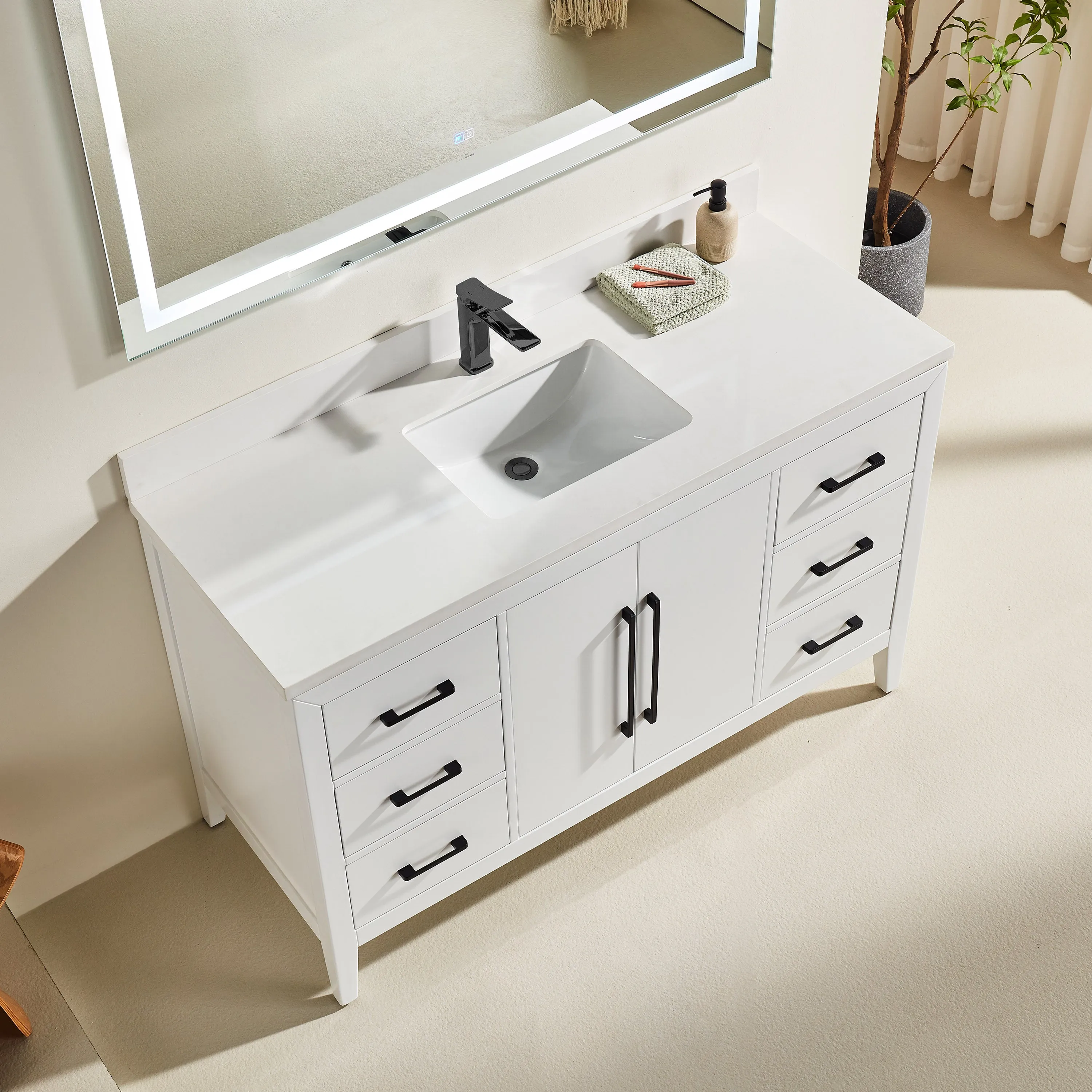 Lily - 48", White , Floor Standing Modern Bathroom Vanity, Quartz Countertop