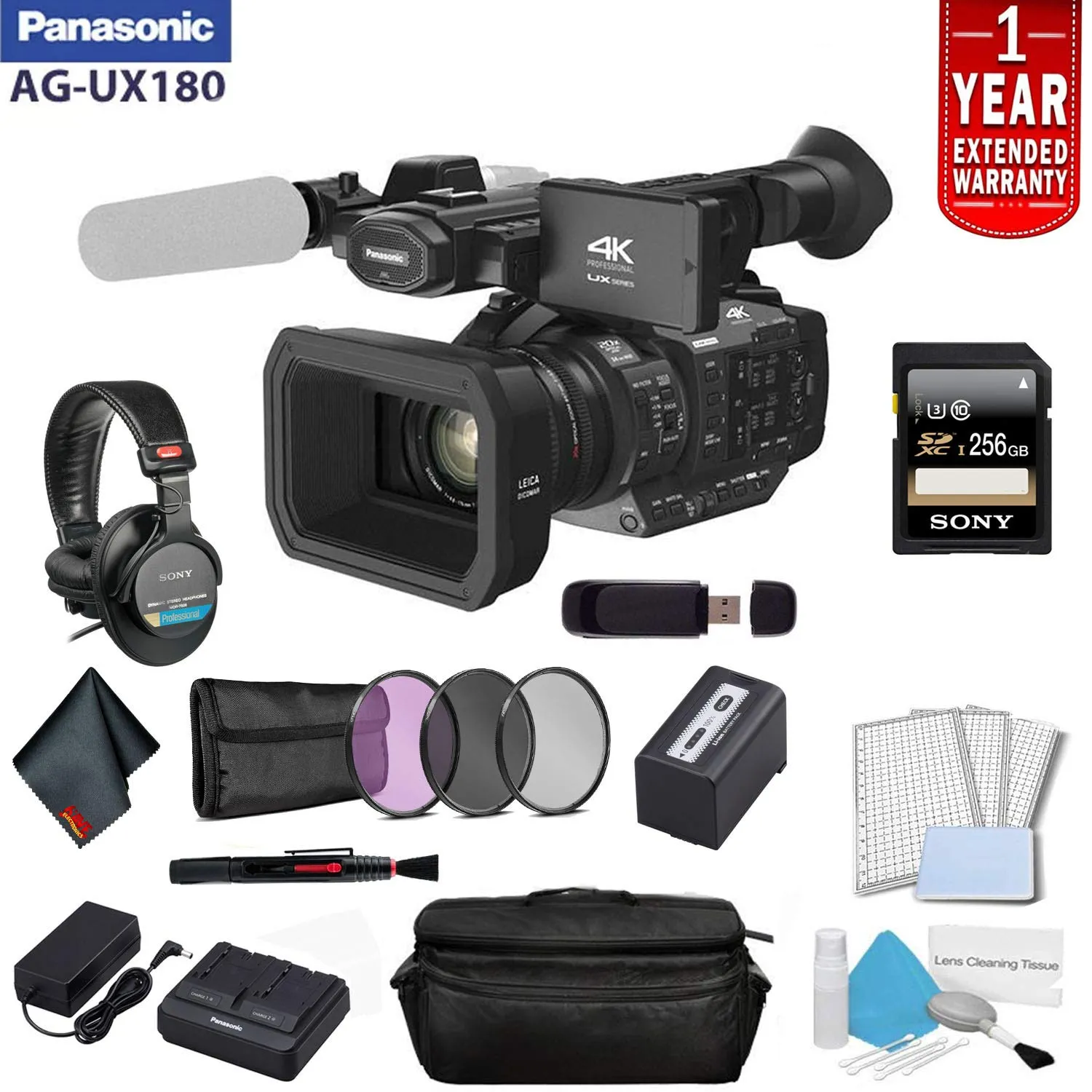 Panasonic AG-UX180 4K Premium Professional Camcorder Bundle with 1 Year Extended Warranty, Sony MDR-7506 Headphones   So