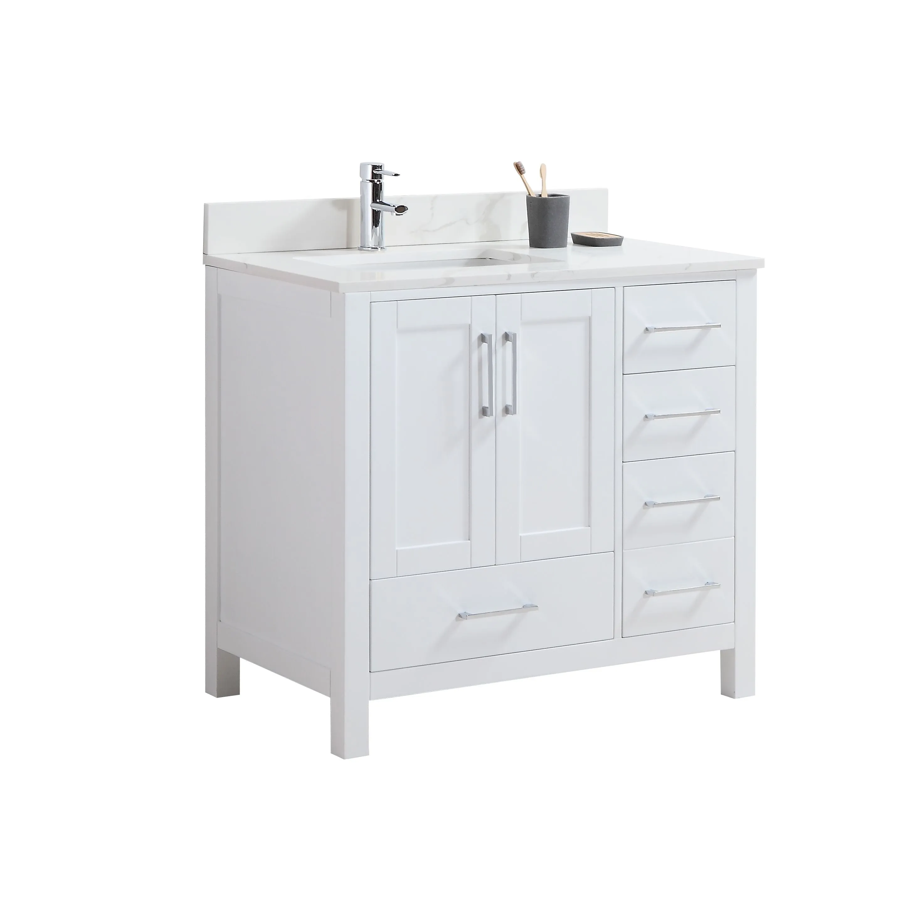 Rose - 36" White, Floor Standing Bathroom Vanity with  Quartz Countertop.