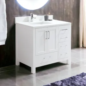 Rose - 36" White, Floor Standing Bathroom Vanity with  Quartz Countertop.