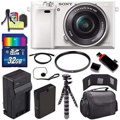 Sony Alpha a6000 Mirrorless Digital Camera with 16-50mm Lens (White)   Battery   Charger   32GB Bundle 2 - International