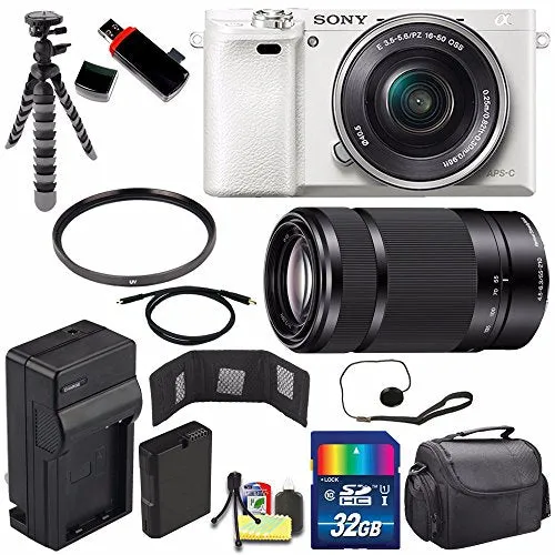 Sony Alpha a6000 Mirrorless Digital Camera with 16-50mm Lens (White)   Sony E 55-210mm f/4.5-6.3 OSS E-Mount Lens 32GB Advanced Bundle