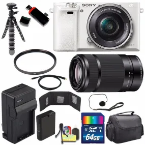 Sony Alpha a6000 Mirrorless Digital Camera with 16-50mm Lens (White)   Sony E 55-210mm f/4.5-6.3 OSS E-Mount Lens 64GB Bundle