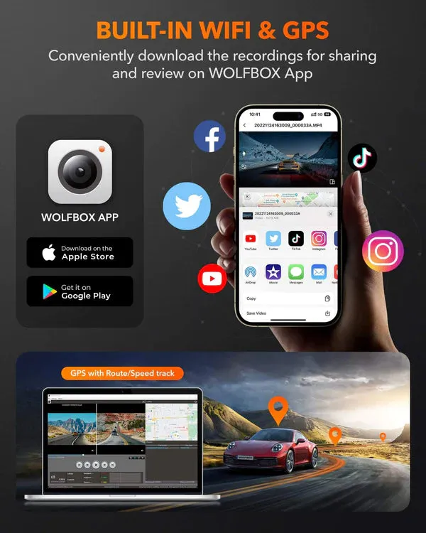 WOLFBOX G840H Wi-Fi Rear View Mirror Dash Cam